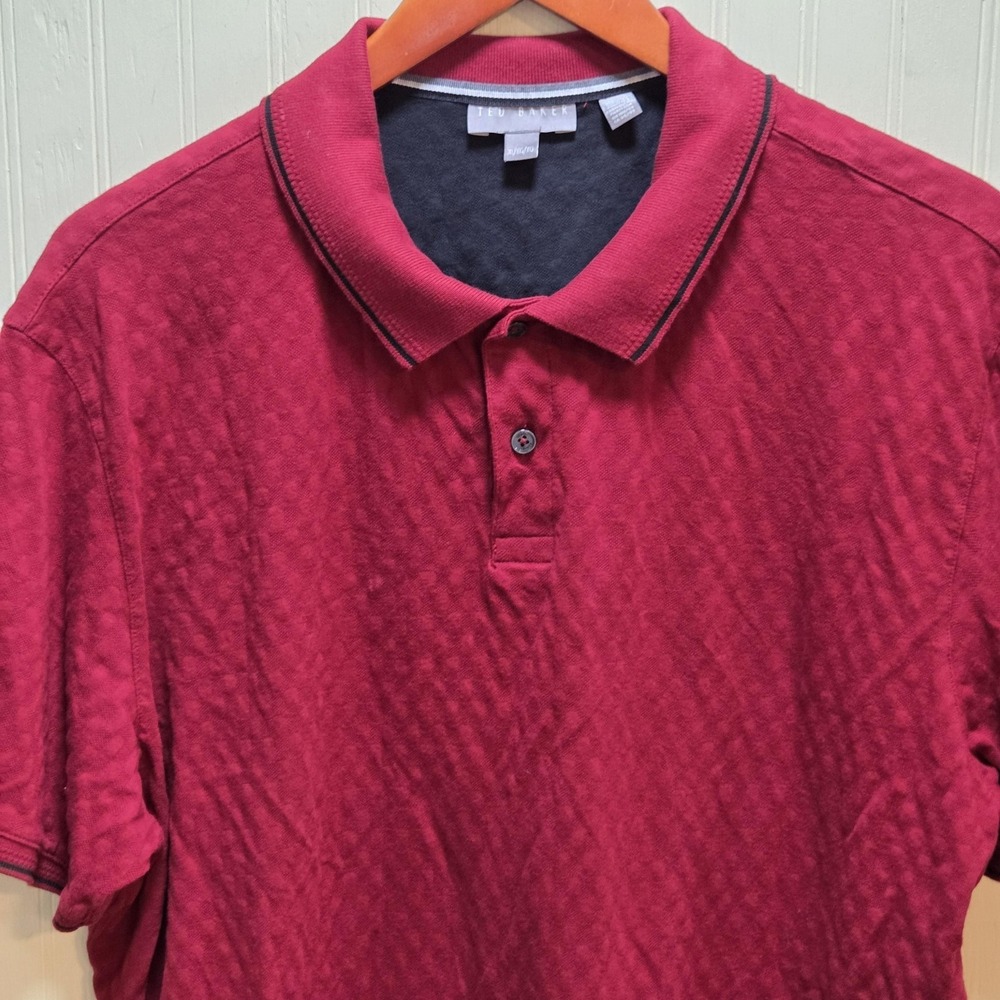 Ted Baker‎ Polo Shirt Mens XL Red Diamond Textured 100% Cotton Knit Casual Top